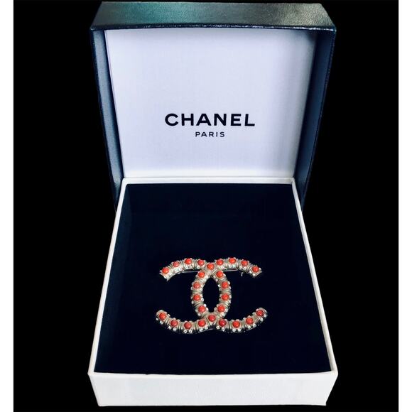SOLD! CHANEL Red Coral Crystal Rhinestone Authentic Logo Brooch w Box/Bag/Ribbon - Picture 6 of 8